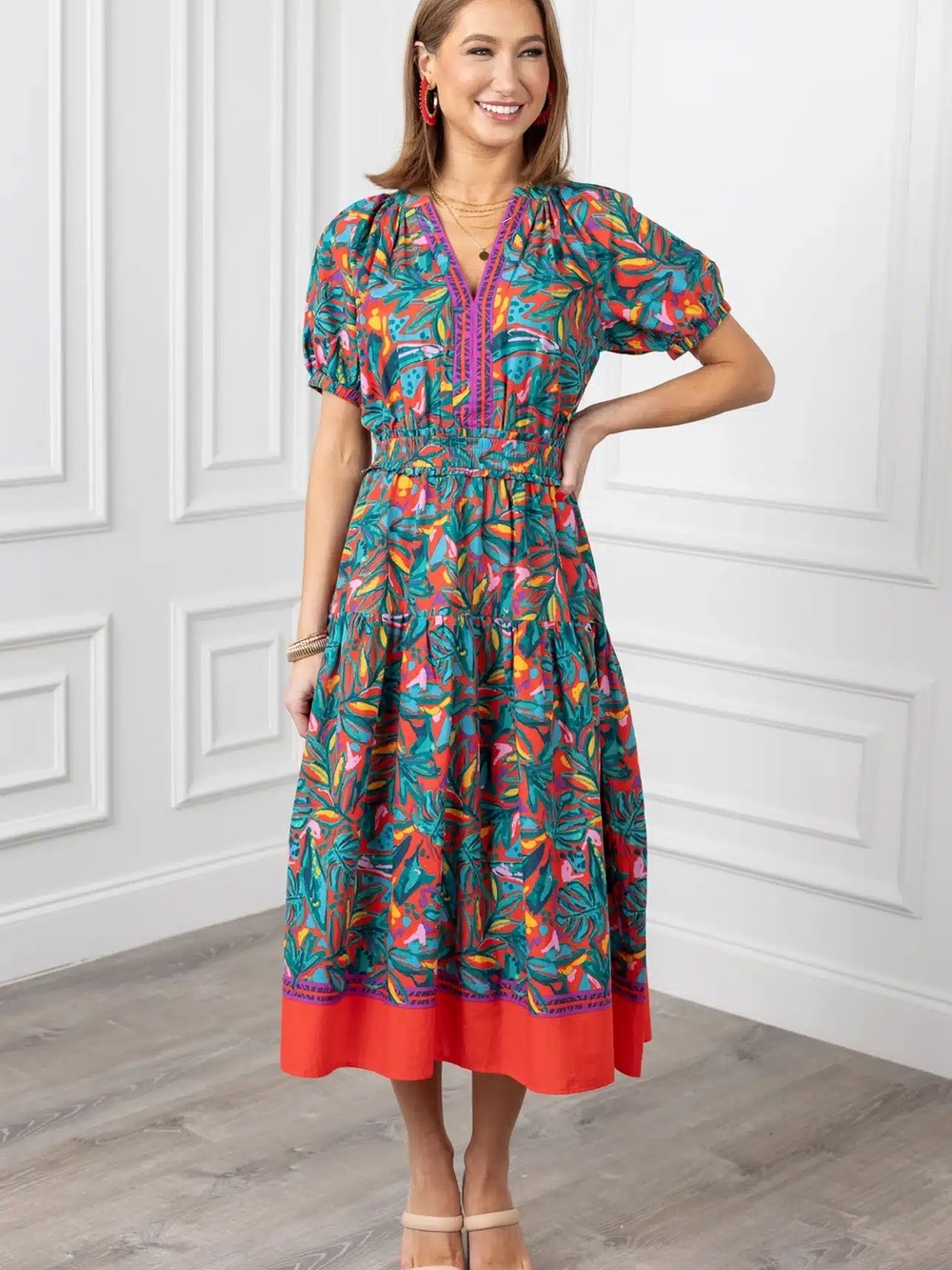 Pinch | Teal Tropical Print Puff-Sleeve Midi Dress with Coral Hem